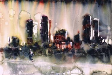 Milwaukee WI skyline watercolor painting landscape artwork thumb