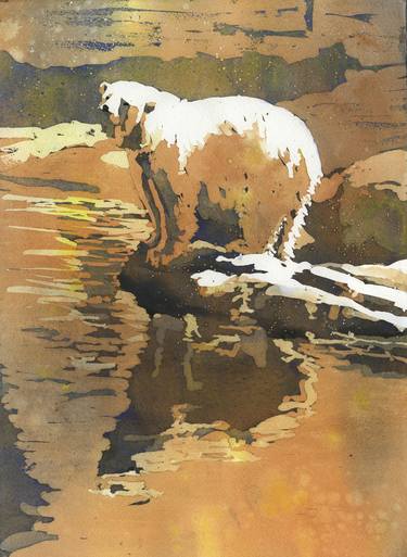 Polar bear standing on rock outside.  Fine art watercolor painting polar bear artwork orange decor landscape thumb