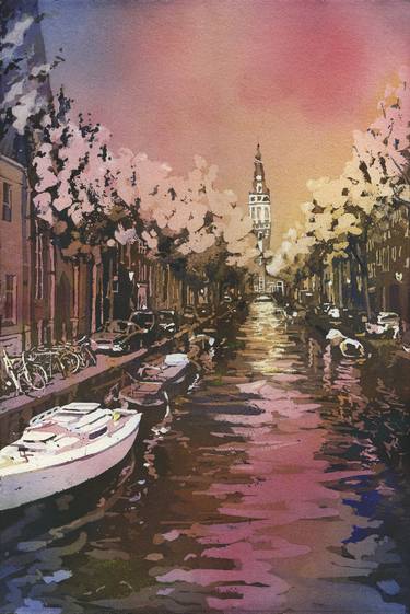 Zeudekerk church rising over canals of medieval Amsterdam, Netherlands.  Netherlands church painting thumb