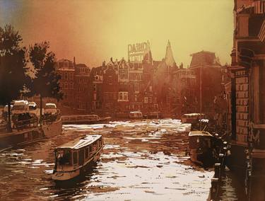 Sunset over canals of Old Amsterdam.  Watercolor painting of gabled facades of old architecture in central Amsterdam. thumb