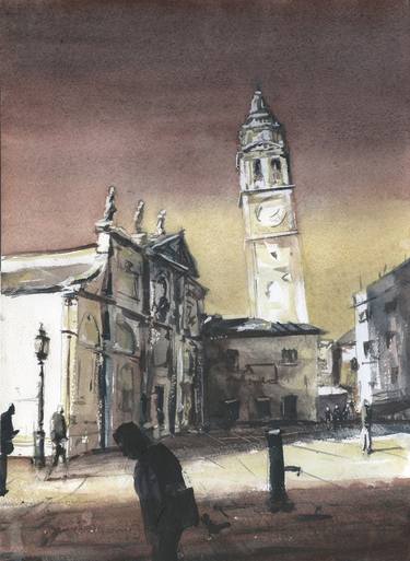 Leaning tower of Church of Santa Maria Formosa.   The leaning tower of Venice, Italy artwork church belltower watercolor art thumb