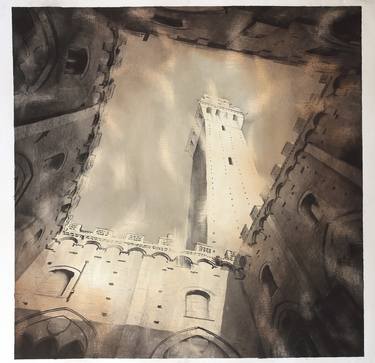 Siena, Italy watercolor painting.  Il Campo in the medieval city of Siena Italy fine art painting B&W art thumb