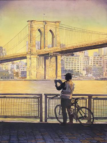 Brooklyn Bridge in New York City.  Watercolor painting of Brooklyn Bridge in NYC colorful artwork New York City skyline art thumb