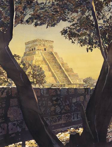 Watercolor ruins of the Mayan ruins at Chichen Itza, in the Yucatan Peninsula- Mexico.  Chichen Itza watercolor painting colorful artwork thumb