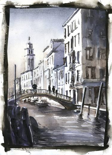 Church steeple in medieval city of Venice, Italy.  Fine art watercolor Venice artwork Italy painting thumb