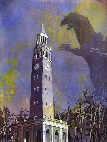 UNC Belltower being attacked by monster at dusk- Chapel Hill, NC.  UNC artwork home decor thumb