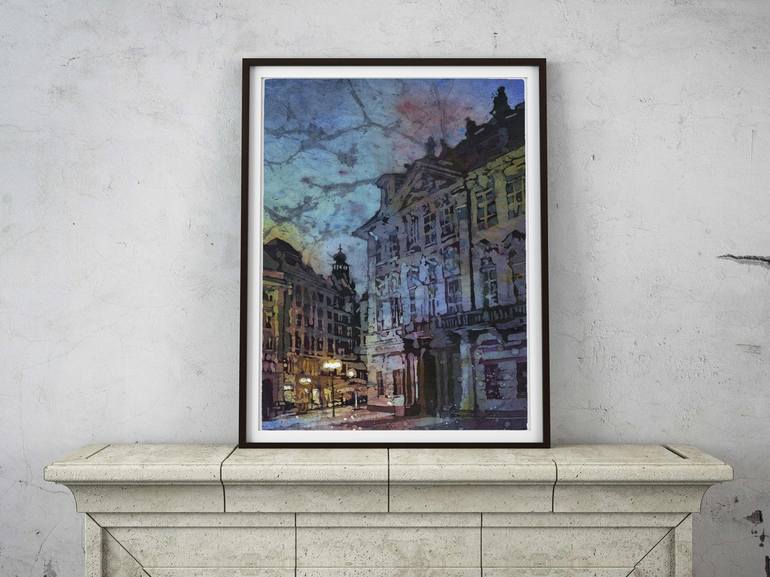 Prague street scene at twilight- watercolor batik painting of city of ...