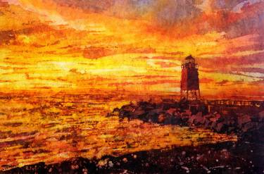 Watercolor batik painting of Charlevoix, MI lighthouse at sunset on Lake Michigan- Charlevoix, Michigan (USA). thumb