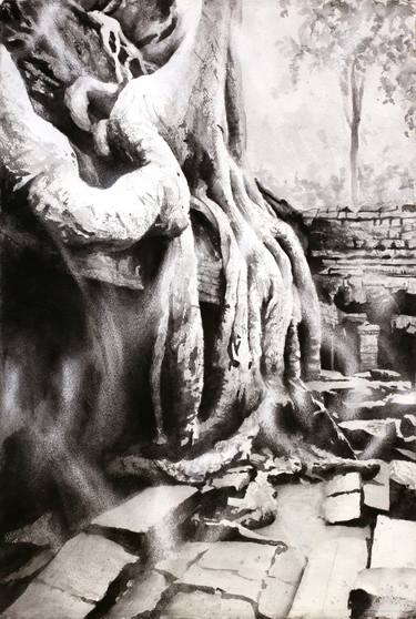 Watercolor painting of sycamore trees growing over ruins of Buddhist/Hindu monastic temple of Ta Prohm at Angkor Wat archaeological park- near Siem Re thumb