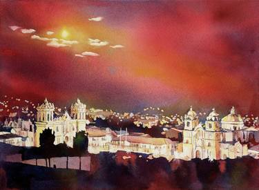 Fine art poured watercolor painting of colonial churches on the Plaza de Armas in the Incan city of Cusco at night- Sacred Valley, Peru thumb