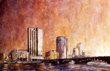 Watercolor painting of skyscrapers of downtown Grand Rapids at sunset- Michigan thumb