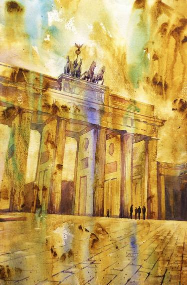 Watercolor painting of silhouette of Brandenburg Gate at sunset in the city of Berlin- Germany, Europe thumb