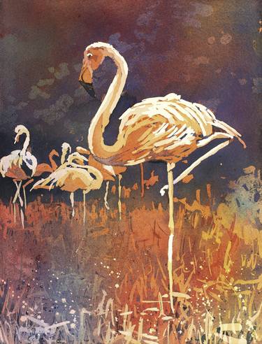 Poured watercolor of flamingos at zoo.  Watercolor painting flamingo.  Flamingo art.  Flamingo artwork thumb