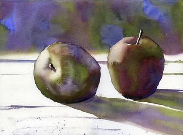 Fine art watercolor painting of red apples on table. thumb