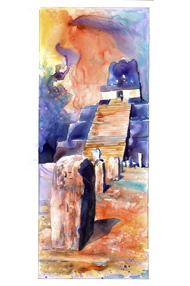 Watercolor painting of Mayan temple and stelae at UNESCO World Heritage ruins of Tikal- Guatemala. thumb