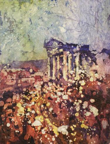 Watercolor batik painting on rice paper of ruined Roman temple at the ancient city of Dougga in the North African country of Tunisia thumb