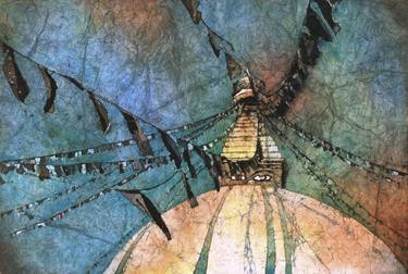 Watercolor batik painting of Swayambhunath Buddhist stupa in the Kathmandu Valley- Nepal thumb