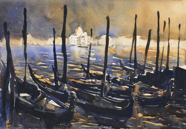 Watercolor painting of gondolas and church of San Giorgio Maggiore in the medieval city of Venice, Italy thumb