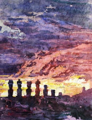 Watercolor painting of silhouettes of ruined Moai statue at Ahu Tongariki at sunrise- Easter Island, Chile thumb