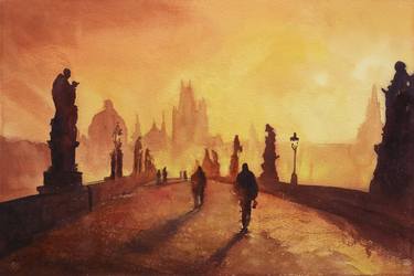 Watercolor painting of statues on Charles Bridge in medieval city of Prague- Czech Republic thumb