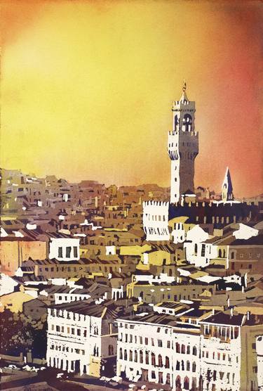 Watercolor painting of bell-tower of Palazzo Vecchio in the medieval city of Florence, Italy. thumb