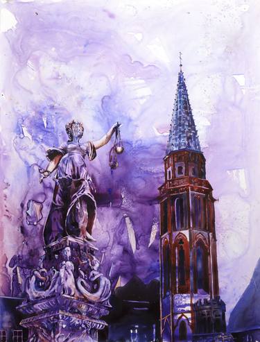 Watercolor painting of Statue of Justice and bell-tower of Cathedral in downtown Frankfurt, Germany thumb