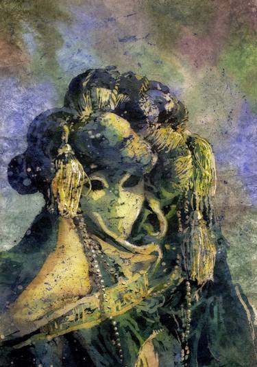 Watercolor batik of Venetian masked person during Carnivale- Venice, Italy thumb