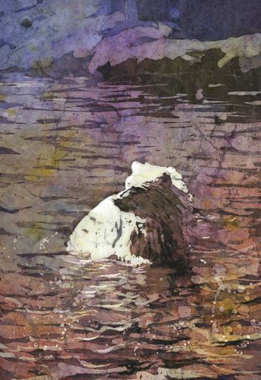 Polar bear in water- watercolor batik painting of polar bear. thumb