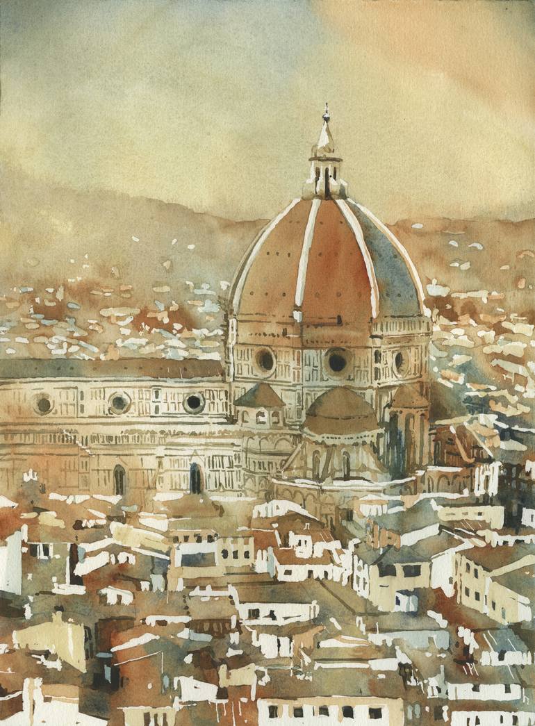 Duomo and cityscape of Florence from the Palazzo di Michelangelo- Florence,  Italy. Watercolor painting of Duomo Firenze Painting by Ryan Fox AWS |  Saatchi Art