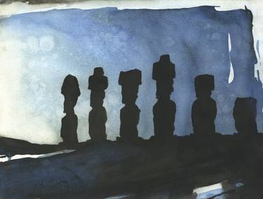 Ruins of Moai statues on Easter Island- Chile.  Watercolor painting Moai statues Easter Island art. thumb