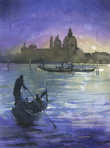 Venice Italy gondolier and church of Santa Maria della Salute moonlit in medieval city of Venice, Italy.  Watecolor painting thumb