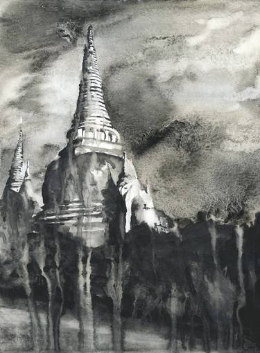 Wat Phra Si Sanphet ruins at Ayutthaya, Thailand.  Ruins of temple at Ayutthaya black white watercolor artwork Thailand thumb