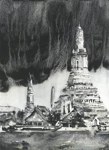 Wat Arun in Bangkok, Thailand watercolor painting.  B&W art of Wat Arun Thailand temple artwork Bangkok city thumb
