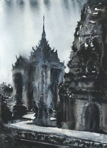 Buddhist temple of Wat Pra Singh in the city of Chiang Mai, Thailand.  Buddhist wat Thailand monochromatic artwork Buddhism thumb