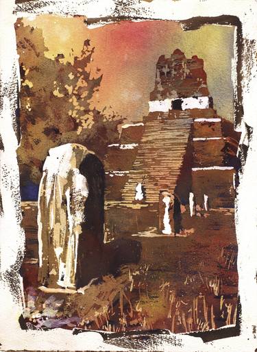 Fine art poured watercolor painting of Mayan temple and stelae at UNESCO World Heritage ruins of Tikal- Guatemala. thumb