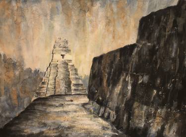 Fine art watercolor painting of ruined Mayan temple I in the archaeological park of Tikal in Guatemala thumb