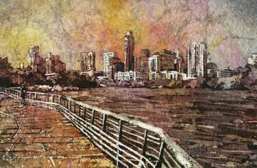 Austin, TX skyline rising above Colorado River at sunset.  Austin watercolor batik painting Texas fine art batik thumb