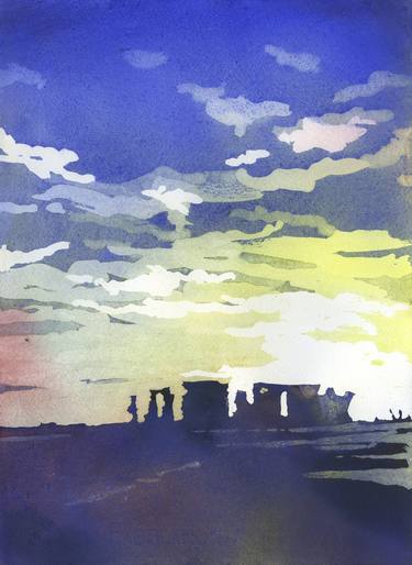 Fine art watercolor painting of prehistoric monument of Stonehenge silhouetted at sunset in the English countryside thumb