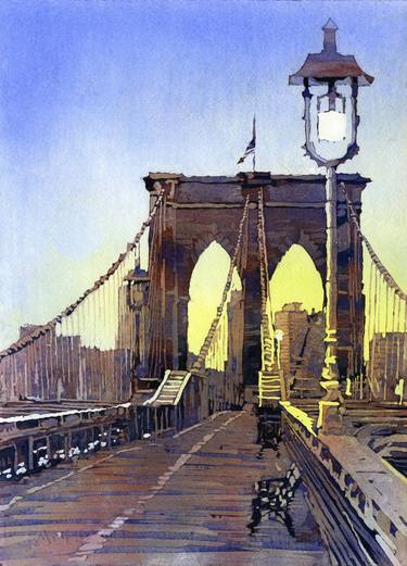 Brooklyn Bridge and Manhattan  in New York City- New York, USA.  Watercolor painting Brooklyn Bridge NYC skyline thumb
