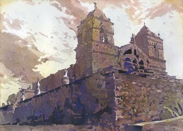 Spanish church Colca Canyon, Peru watercolor painting thumb