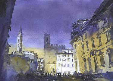 Florence cityscape- Bargello museum. Watercolor  Florence Italy thumb