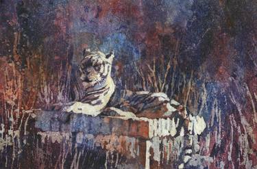 Tiger lying on bench at rescue center.  Watercolor batik of tiger outside colorful tiger painting artwork big cat decor thumb