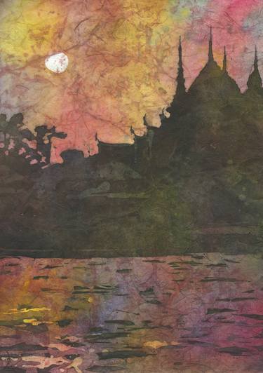 Watercolor batik painting of prangs of Wat Arun silhouetted at sunset from across the Chao Praya river- Bangkok, Thailand. thumb