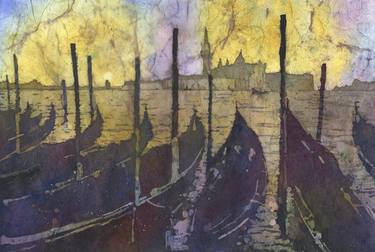 Venice, Italy gondola boats on Piazza San Marco at sunset in the medieval city of Venice- Italy.  Watercolor batik painting Venice skyline thumb