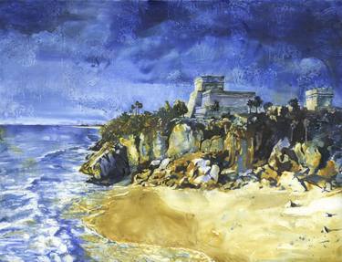 Mayan ruins at beach of Tulum in Mexico.  Watercolor painting of Mayan ruins in Tulum in Yucatan Peninsula- Mexico thumb