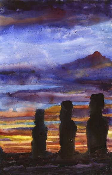 Watercolor painting of moai statues Easter Island, Chile. thumb