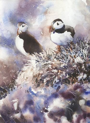 Icelandic puffin painting. Watercolor painting Puffin Iceland thumb