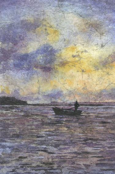 Jamaican fisherman Montego Bay sunset. Watercolor batik nautical thumb