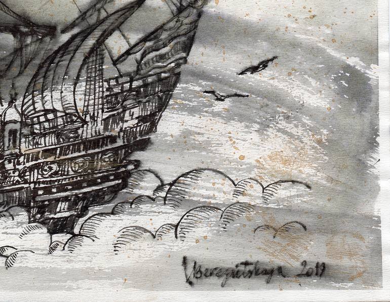 Original Surrealism Boat Drawing by Victoria Bereznitskaya