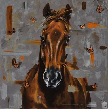 Jupiter 15.5" x 15.5" horse oil painting with butterflies fine art dressage horse animal artwork thumb